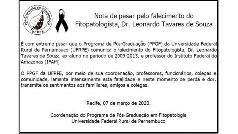 Nota de pesar pelo falecimento do Fitopatologista, Dr. Leonardo Tavares de Souza